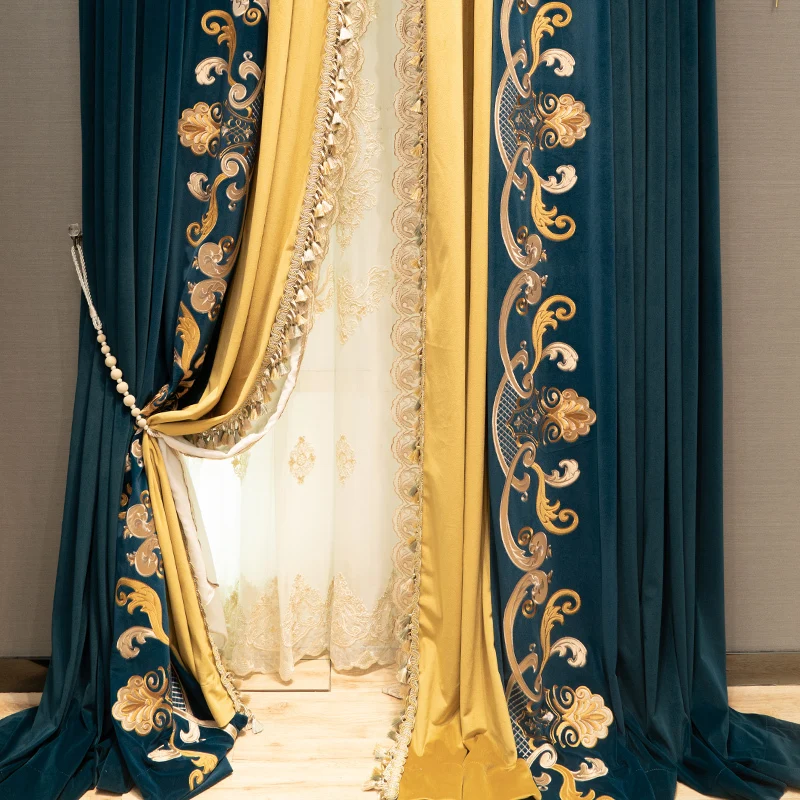 Custom curtain European high-end atmosphere luxury blue embroidery French villa velvet cloth blackout curtain tulle  drape C1099