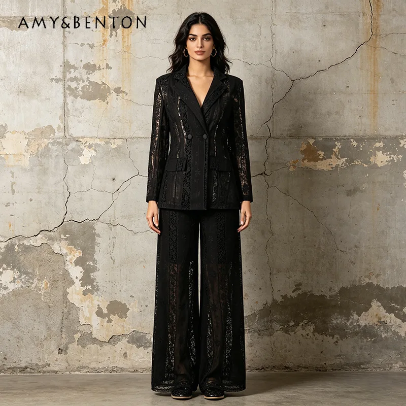 

Retro Casual Women's Pants Two-piece Set 2026 New Lace Embroidered See-through Coat Solid Color High Waist Trousers Suit Ladies