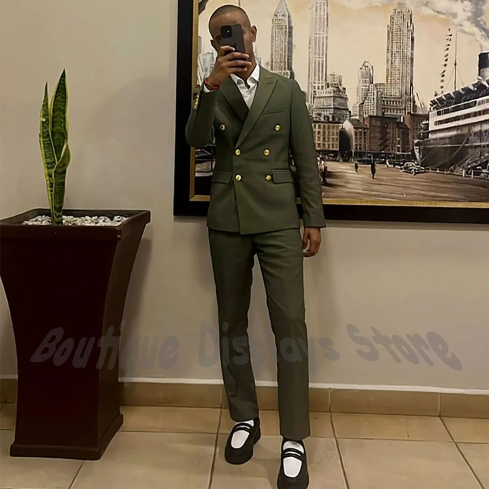 

Army Green Double Breasted Men's Suits 2 Piece Peak Lapel Jacket with Pants Formal Party Business Casual Outfit Costume Homme