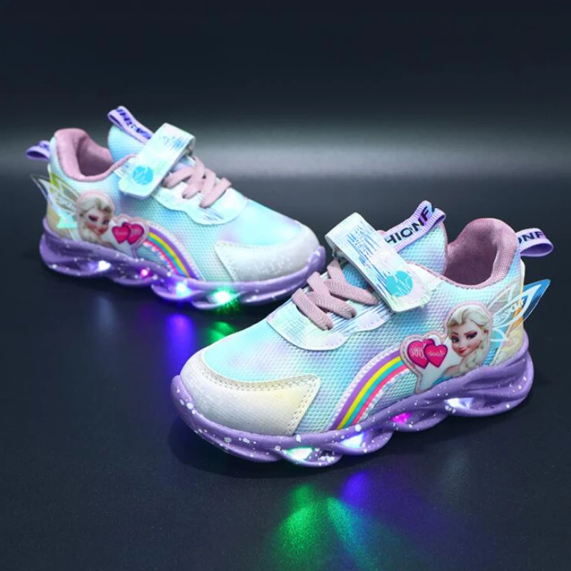 Disney LED Casual Sneakers Pink Purple For Spring Girls Frozen Elsa Princess Print Outdoor Shoes Children Lighted Non-slip Shoes