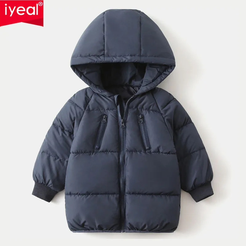 

IYEAL новые пуховые хлопковые пальто для мальчиков и девочек, детская куртка с капюшоном, детский зимний комбинезон, толстая толстовка, зимняя верхняя одежда