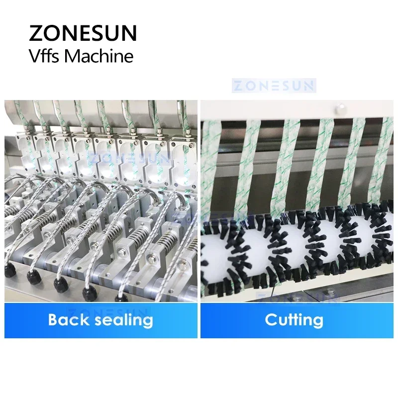 ZONESUN Mesin Pengemas Butiran VFFS Otomatis Peralatan Kantong Sachet Stik Bagger Segel Isi Bentuk Vertikal 12 Jalur ZS-FSL12