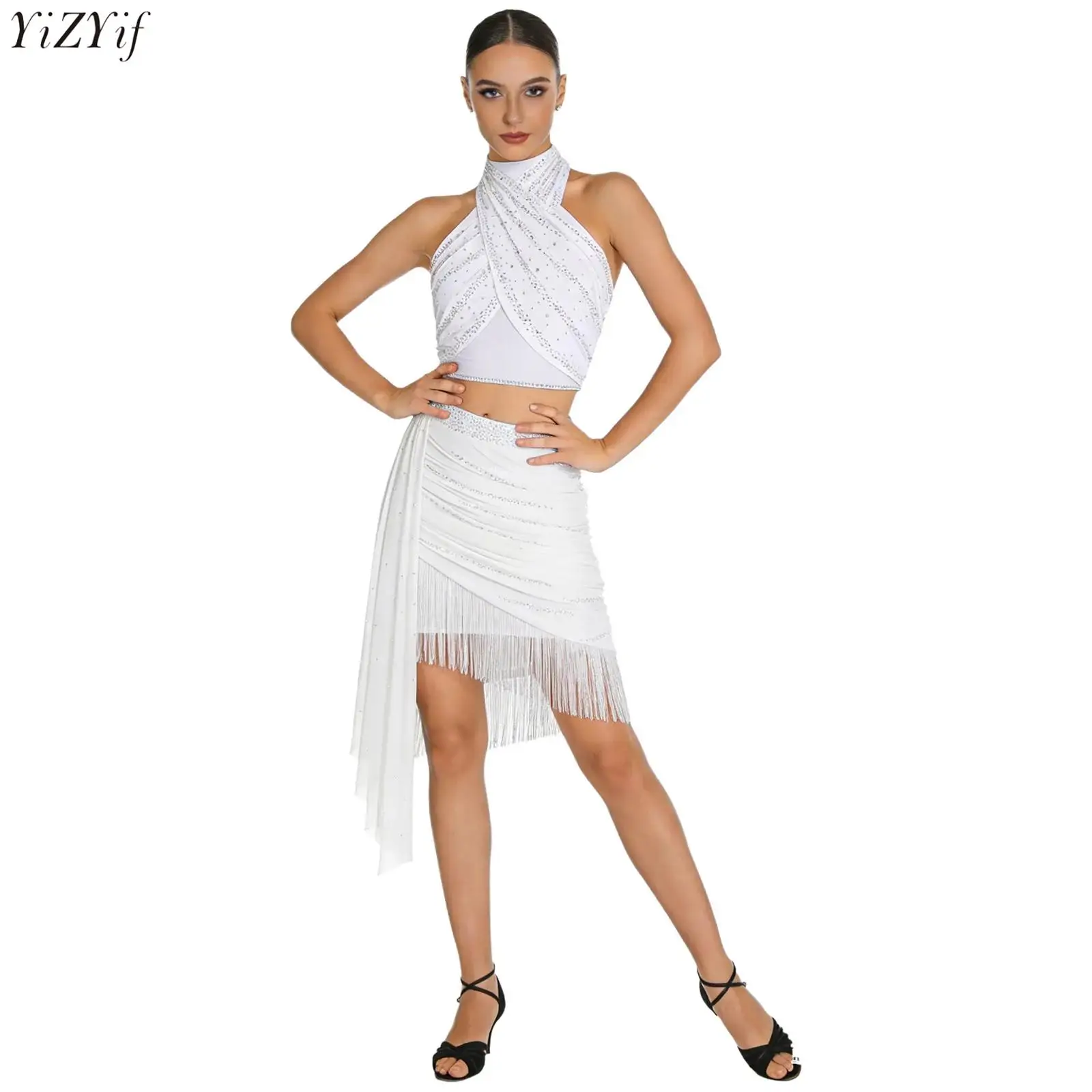 

BellyDance Costume for Women's Sequin Tassel Set Adult Oriental Dance Practice Clothes Ruched Crop Top+Tassel Skirt Dance Suit