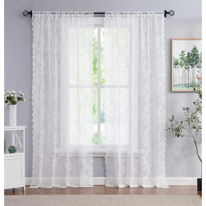 New Warp Knitted White Pastoral Style Lace Curtains Living Room Bedroom Outdoor Decorative Curtains