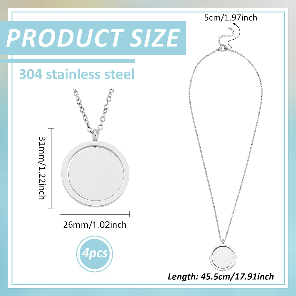 4pcs 304 Stainless Steel Blank Round Necklace Blank Stamping Pendants Necklace Blank for Photo Jewelry Making
