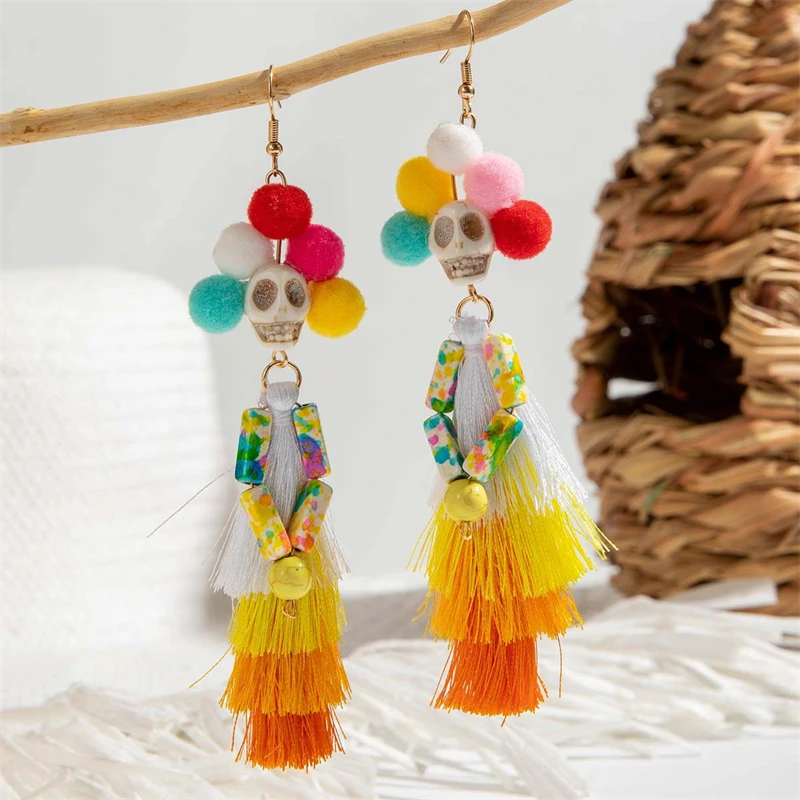 Playful Halloween Love Skull Tassel Earrings for Women Trendy Pumpkin Ball Floral Beaded Resin Dangle Party Cosplay Jewelry Gift