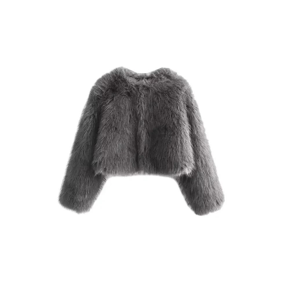 Feminino novo o pescoço manga longa outerwear chique topos outono inverno solto casual moda grosso quente pele do falso jaqueta cortada