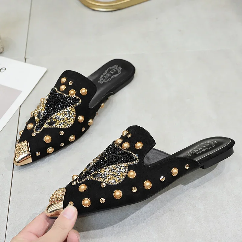 2024 Cartoon Women Shoes Slippers Pointed Rhinestone Rivet Flat Women Slippers Slip-On Mules Loafer Sandals Slides Ladies Shoes