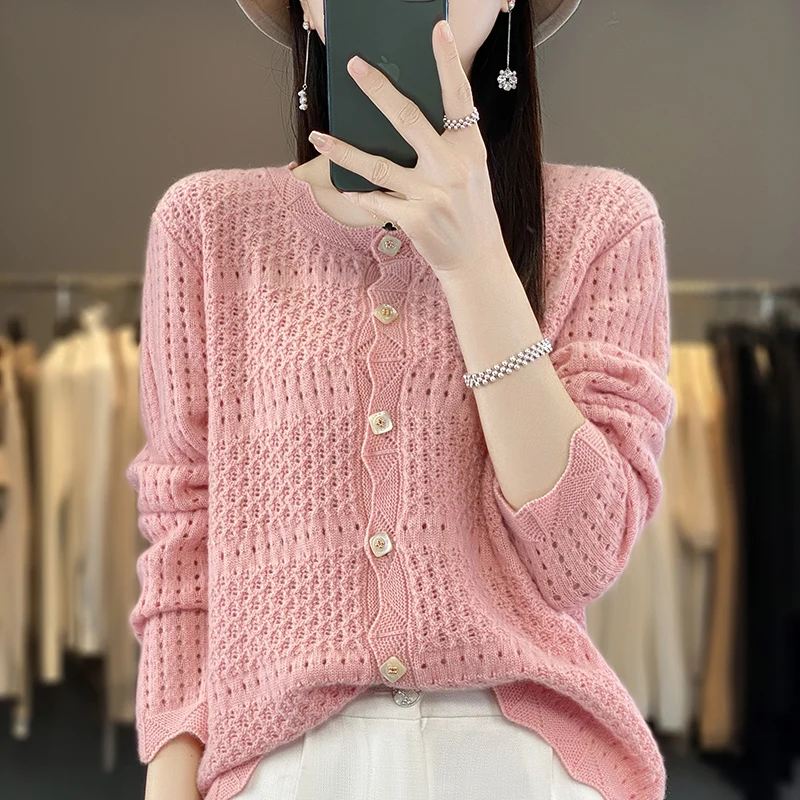 

M-XXL 100% Wool Cardigan New Women's O-Neck Sweater Hollow out Knitting Fashion Single breasted Coat Women's Long Sleeve Sweater