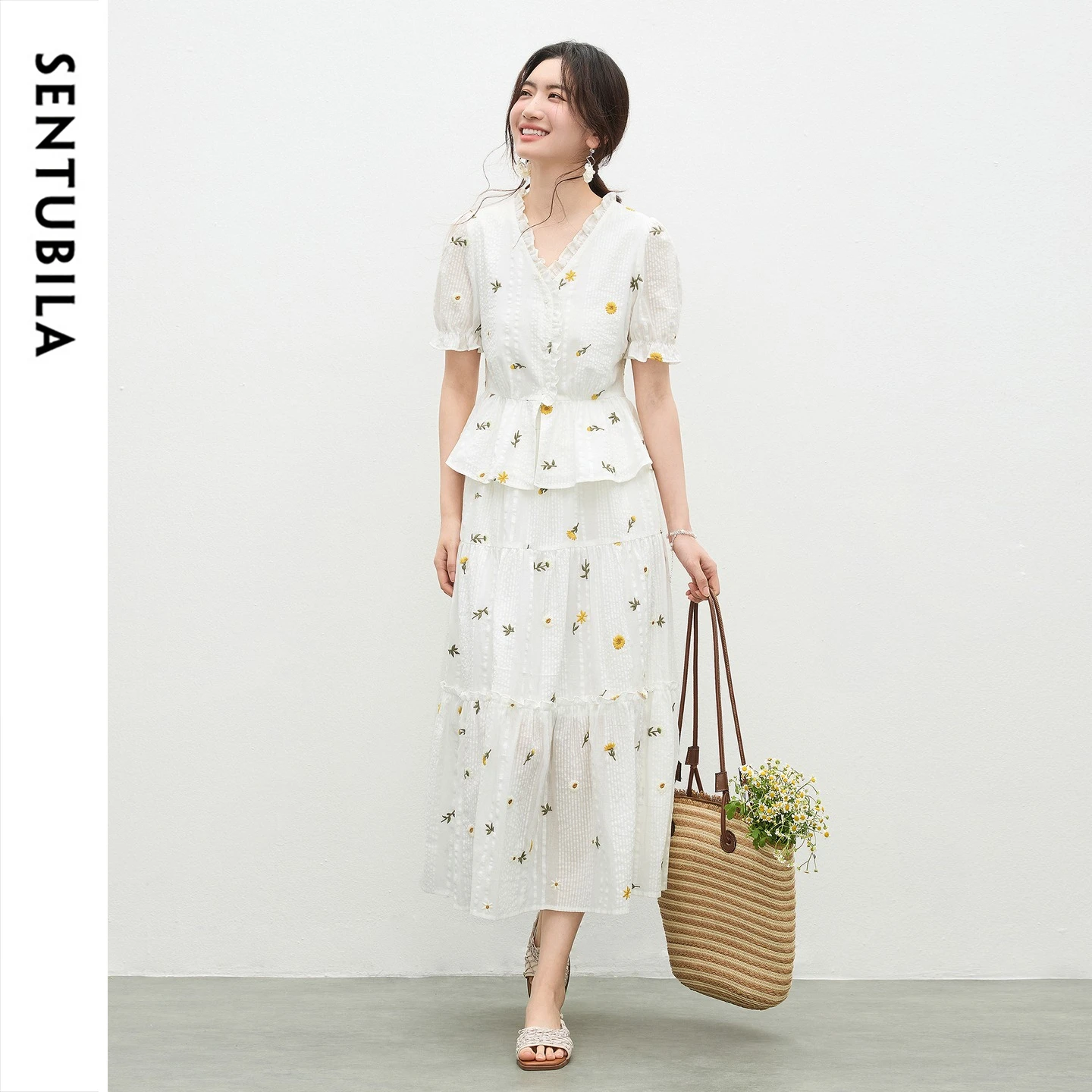 SENTUBILA 2 Piece Sets Woman Summer Vacation Outfits 100% Cotton Embroidery Elegant Women's Skirt Set Female Clothing Q62ZK7199