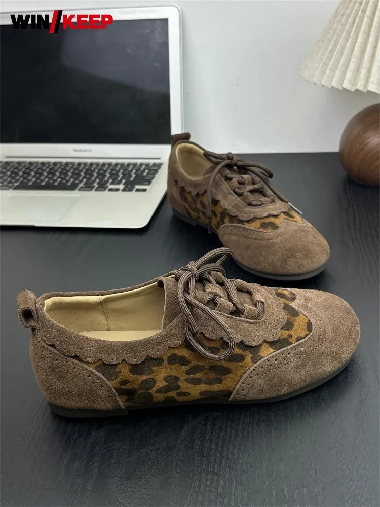 New Women Flat Sneakers Autumn Leopard Print Spliced Cow Suede Comfortable Running Shoes Round Toe Outside Walking Sport Shoes