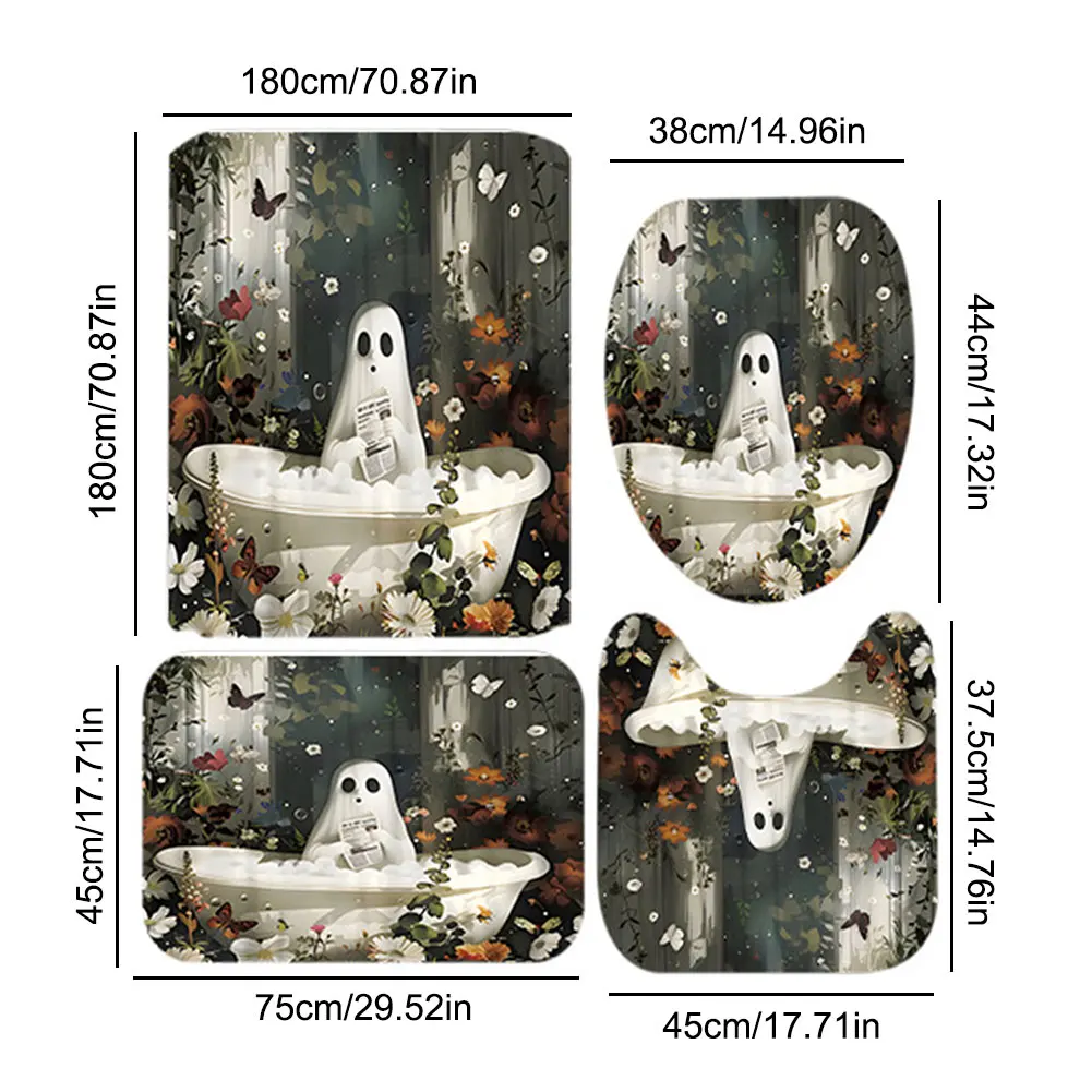 Halloween Shower Curtain Set Cute Cartoon Ghost Rug Toilet Lid Cover Washable Polyester Fabric Bathtub Curtain Bathroom Decor