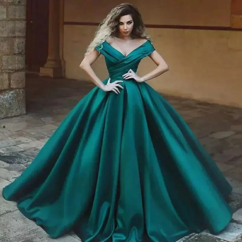 Elegant Off The Shoulder Evening Dresses Green A Lien Ruched Satin Arabic Wedding Guest Party Gowns Plus Size Formal Women Dress