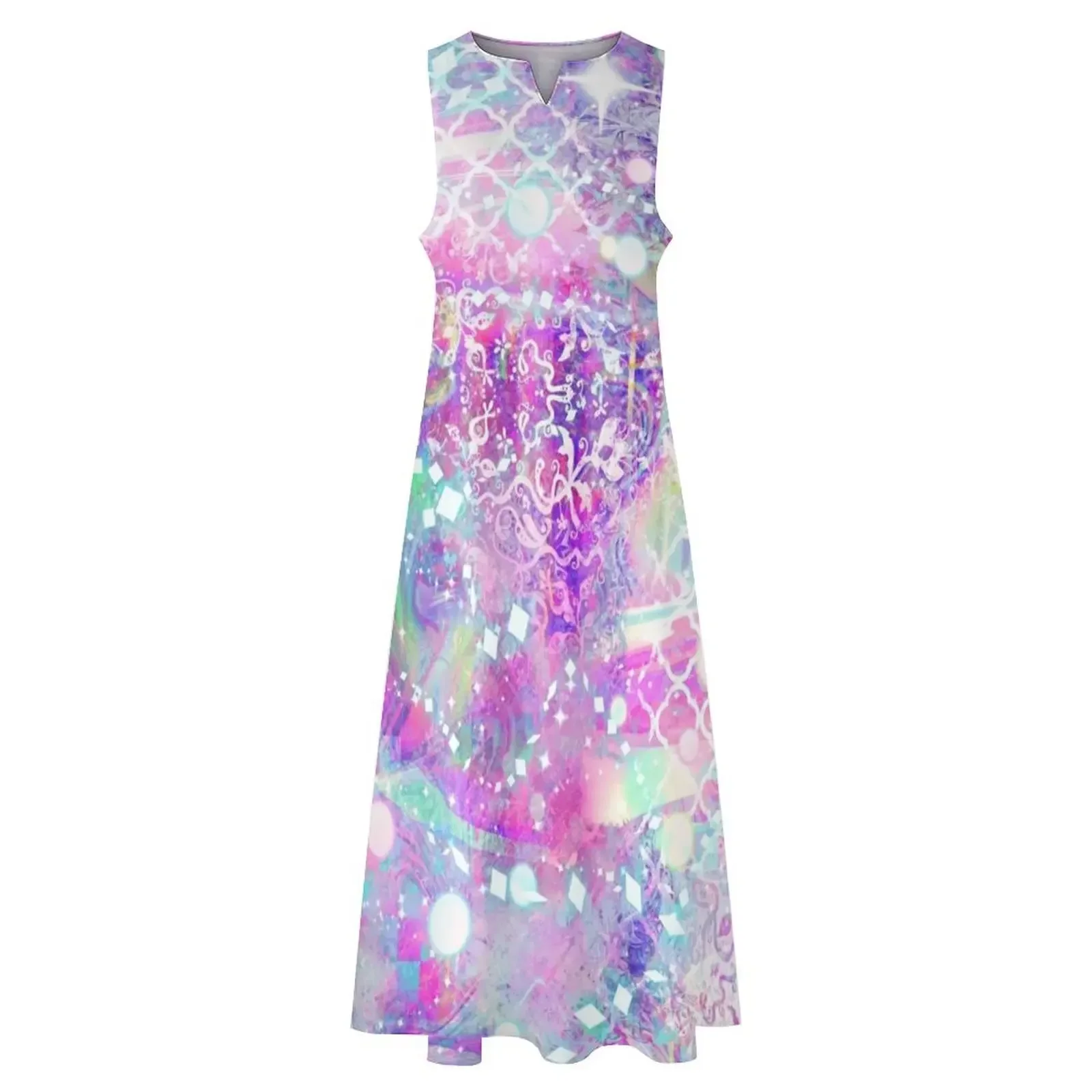 ชุดเดรสยาวสีชมพูวิ้งๆ แบบโฮโลแกรม ชุดเดรสวันเกิด ชุดเดรสออกงาน ชุดชายหาดสำหรับผู้หญิง ชุดเดรสฤดูร้อนสำหรับผู้หญิง