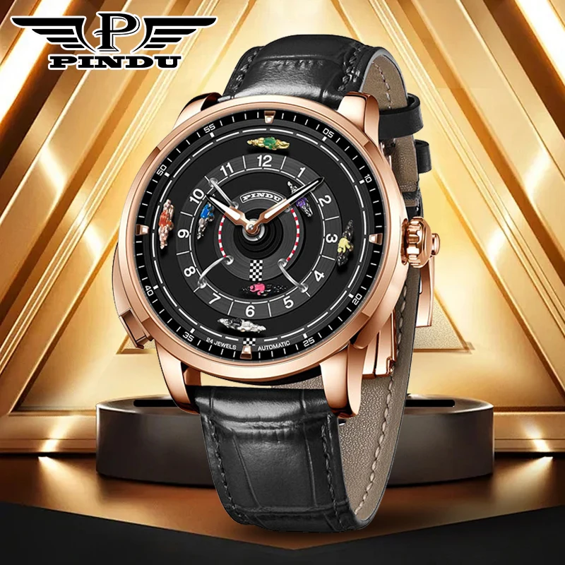 PINDU Design button Rotating Dial horse race Mechanical Watch Men NH35 movement sapphire waterproof Automatic Mechanical Watch