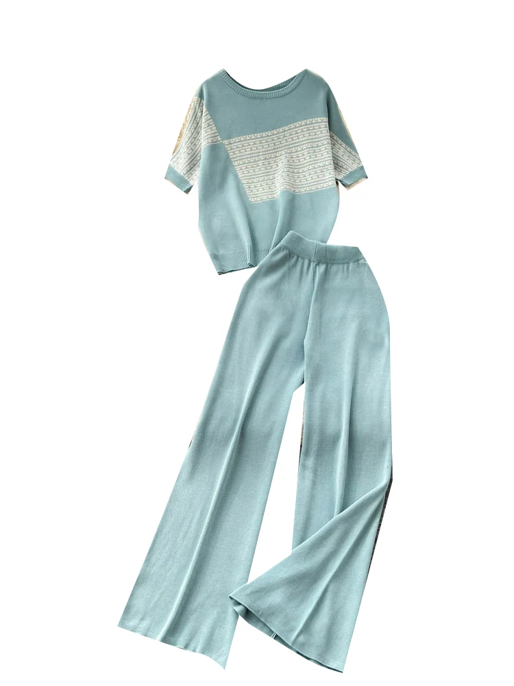 

Korean Sle Lightweight Luxury ort Sve Knitted Top Women's High Waist Wide Leg Slim Fit Long Pants Set Summer Faion