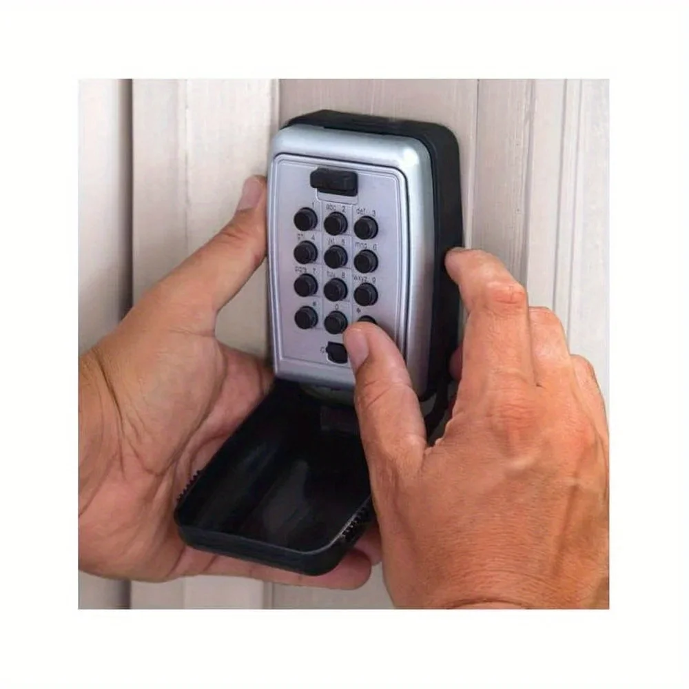 회색 조합 잠금 상자, 내구성, 0.004 입방피트, 영구 설치용 벽걸이형. 미니 금고