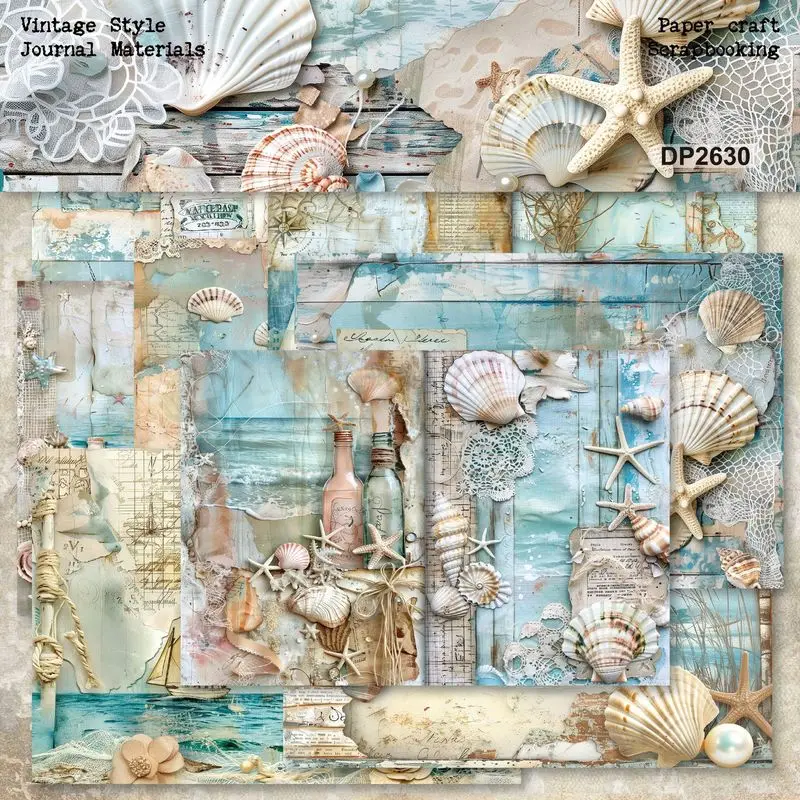 Vintage Nautical Seashell Starfish Drift Bottle Print Paper Scrapbook Journal Cardstock DIY Album Decor Craft Art Supplies