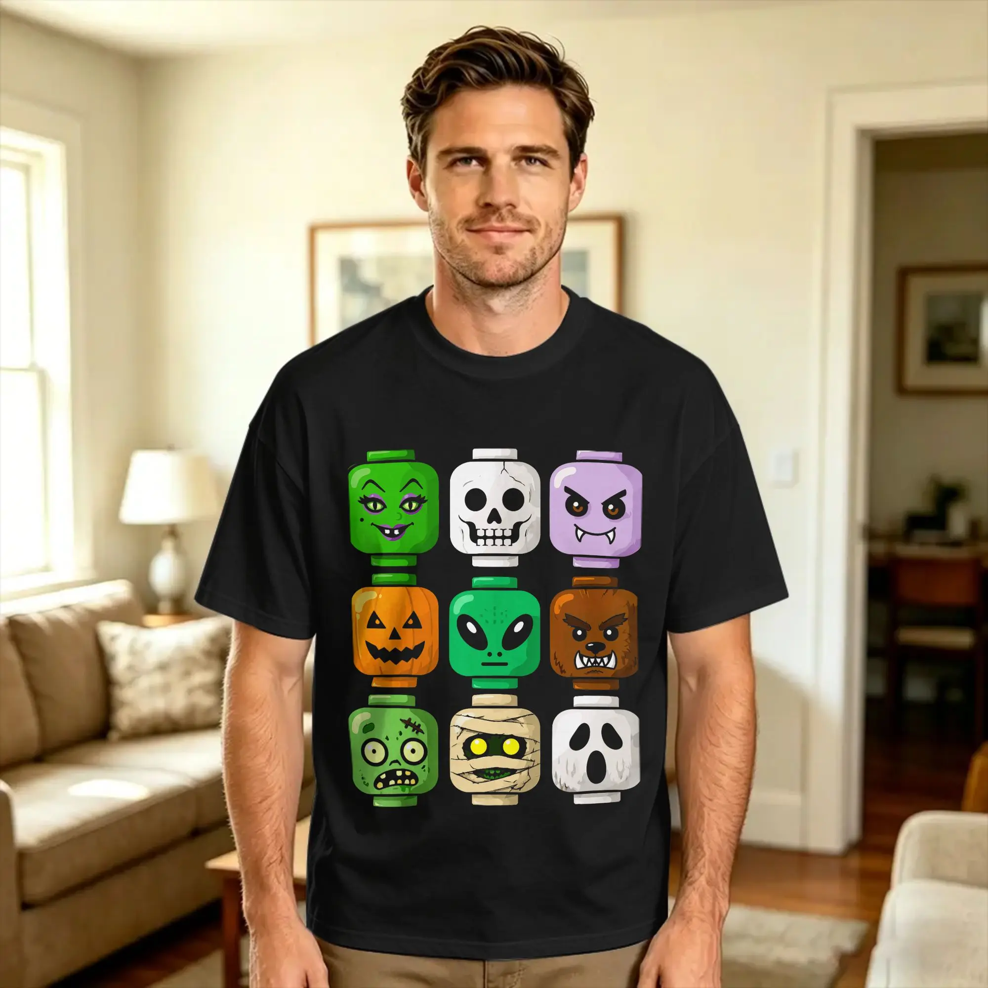 Halloween Building Brick Head Pumpkin Ghost Zombie Halloween T-Shirt Summer Y2K Funny T Shirts Cotton Hippie Tshirt For Men Tees
