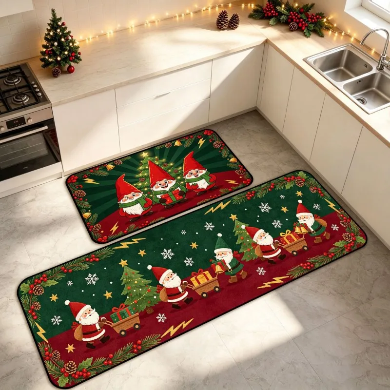 VIKAMA 1/2pcs Green Red Gnome Gift Cart Tree Snow Kitchen Rug Dirt Resistant Non Slip Kitchen Floor Holiday Decor Home Decor