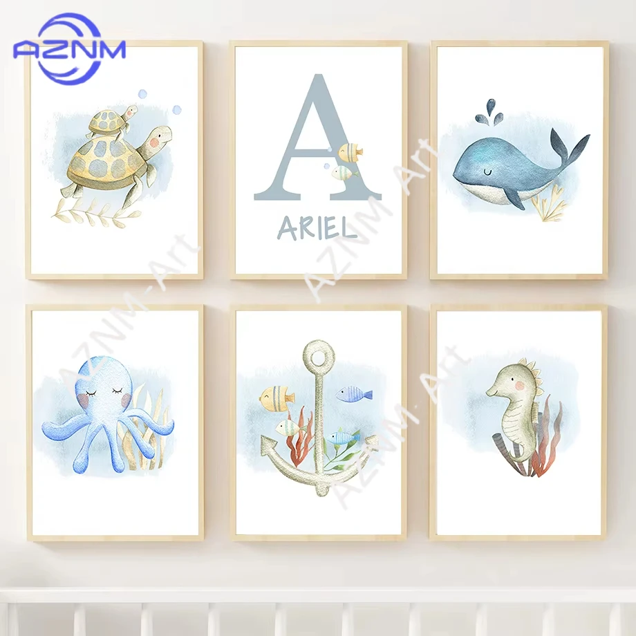 1/6pcs Marine Organism Baby Wall Art Mural Print sea turtle whale octopus Canvas Painting Poster Decor Pictures Kids Room