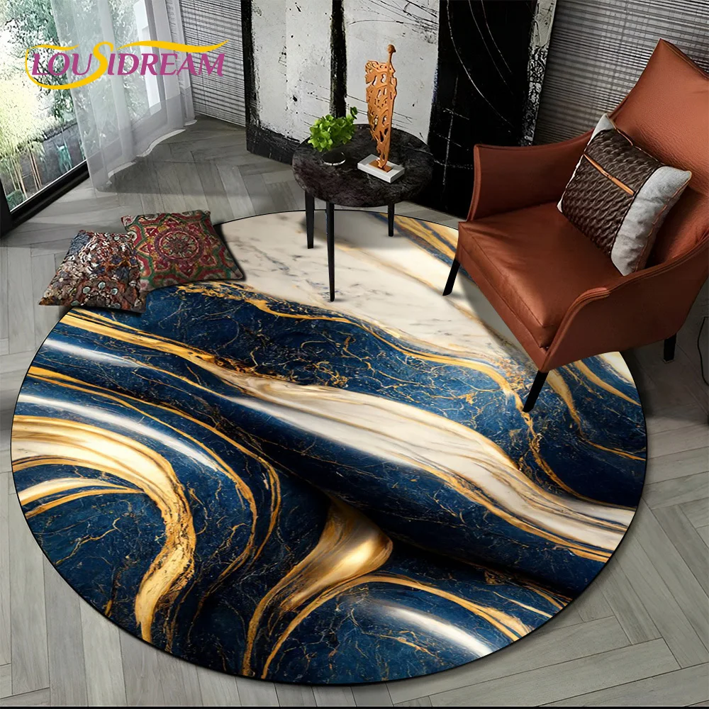 Tapis Rond Luxueux en Marbre de Couleur 3D, Vert, Bleu, Or, pour Salon, Chambre à Coucher, Décor de Chaise d\'Enfant, Zone pour Animaux de Compagnie,