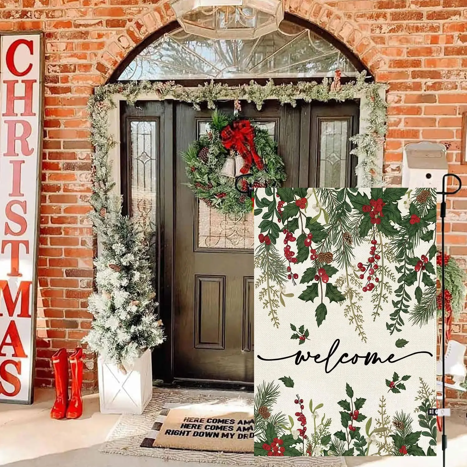 Baccessor Holly Red Berries Christmas Garden Flag 12x18 Inch Double Sided Poinsettia Floral Welcome Winter Flag Farmhouse Vi UUN