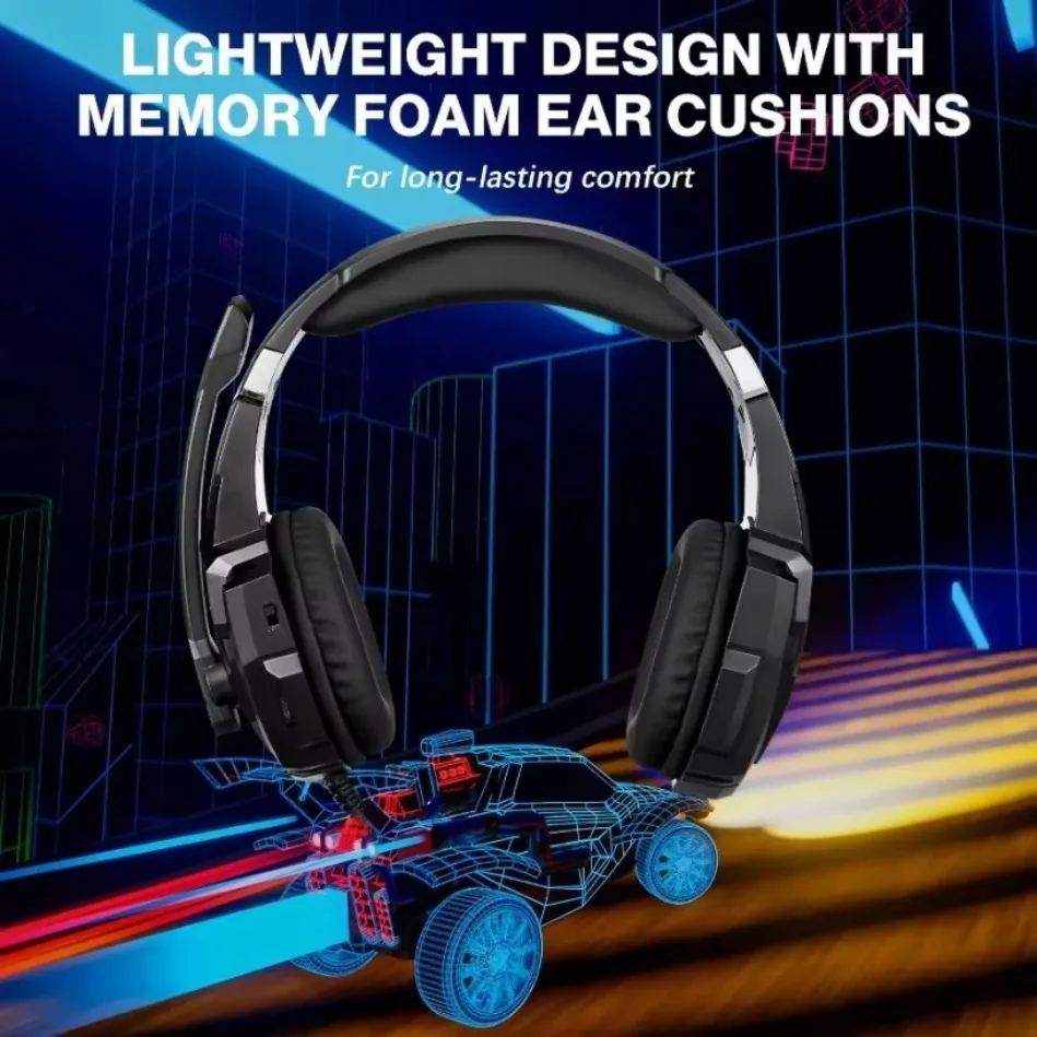 Glasses Friendly Gaming Headset Breathable Memory Foam 40mm Stereo Wired Ice Blue LED Mic for PS5 PC Xbox Comfort Fit