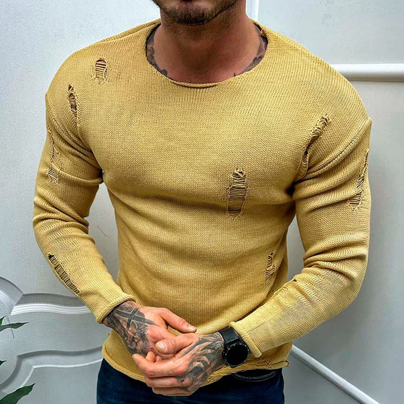 Pull en tricot à manches longues pour hommes, design déchiré vintage, pulls minces, vêtements décontractés, mode masculine, document solide,