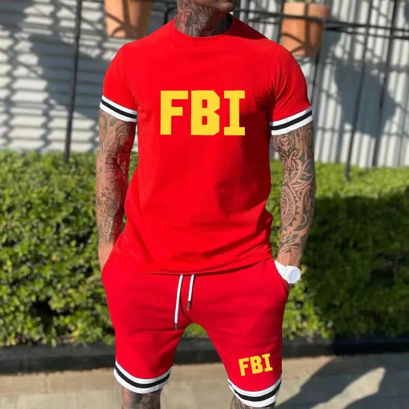 Fbi Sommer Baumwolle Herren Kurzarm Anzug absorbieren Schweiß atmungsaktive T-Shirt Shorts 2 Sets Casual Sport Marke Herren Sportswear