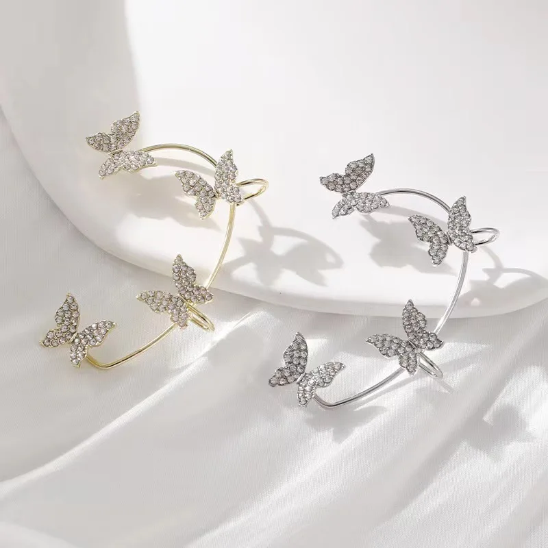 Design Hollow Butterfly Earrings Fashion Exquisite Single Ear Hook Women Girls Metal Rhinestones Ear Cuff Crystal Jewelry Gift