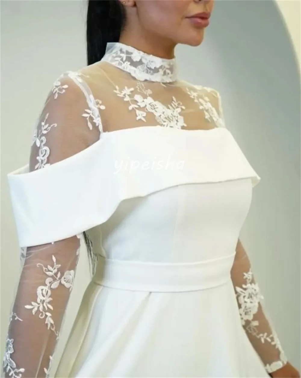 تخصيص رائعة الرسمية جيرسي الطية الدانتيل ألف خط عالية الياقة فساتين متوسطة الطول مخصص فساتين المناسبات الأحجام المتاحة الكلاسيكية