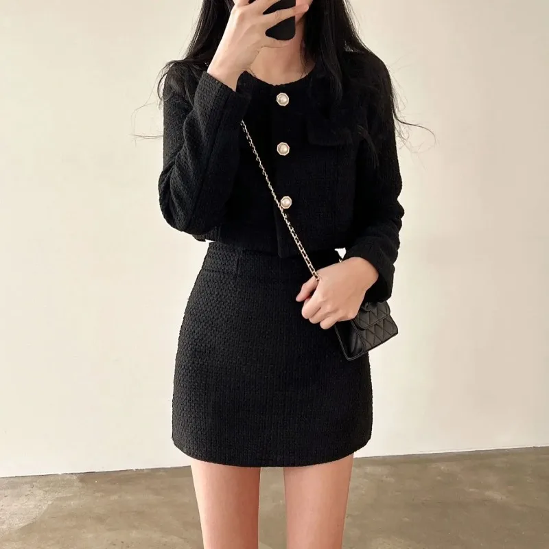 Insozkdg 2024 Autumn Winter Elegant Aristocrat Minimalist Sets Women Stylish Slimming Jacket Short Skirt Lady Style 2 Pieces Set