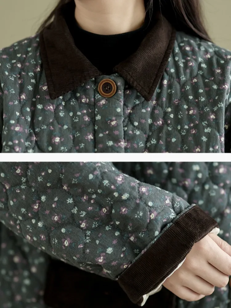 เสื้อโค้ทผ้าฝ้ายพิมพ์ลายดอกไม้สไตล์เรโทรสำหรับผู้หญิง เสื้อคลุมฤดูหนาวทรงหลวม สีอบอุ่น เสื้อคลุมผ้าฝ้ายสำหรับคุณแม่