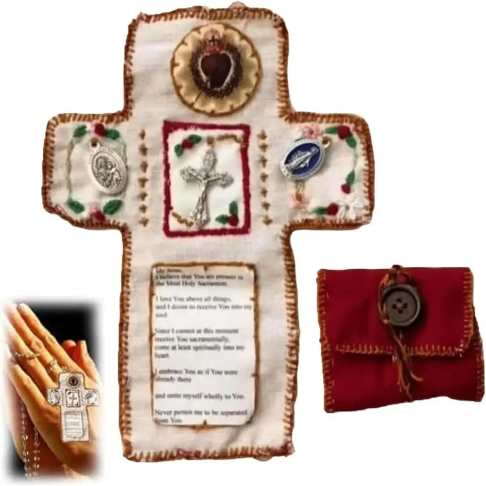 クロスが内側に付いたポケット神社、銀製の手作り縫製アクセサリー、手作りの祈りの布団、ミニ旅行神社ポーチ