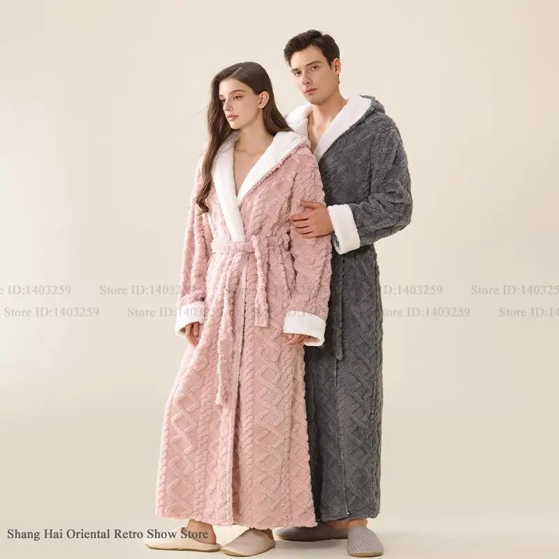 Gruby Flanelowy Szlafrok z Kapturem dla Pary, Długi, Jesienno-Zimowy, Ciepły, Domowy, Negliż, Polar Koralowy, Odzież Wypoczynkowa