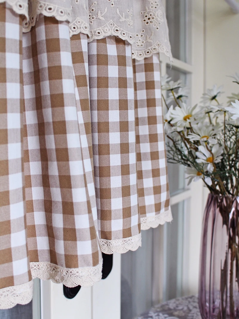 

American Korean Style Countryside Grid Fabric Half Curtains for Living Room Finished Bay Window Coffee Curtain Door Half