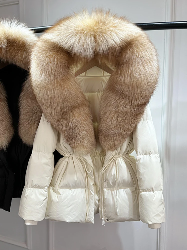 2026 New Winter Real Natural Fox Fur Collar Thick Wam Puffer Jacket Women Hooded Belt Slim White Duck Down Coat Waterproof Parka