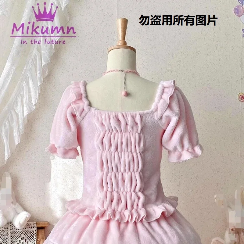 Harajuku japonesa de lã feminina, camisas quentes Lolita com renda doce babados, tops kawaii, blusa rosa de pelúcia, novo estilo, Harajuku, outono