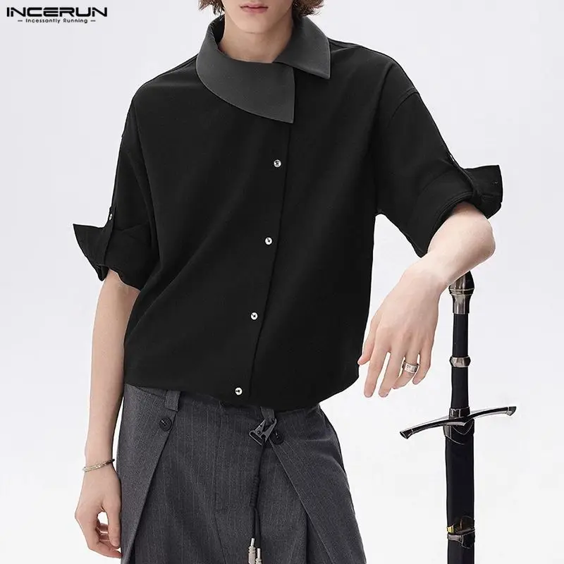 INCERUN Men's Shirt Patchwork Lapel Half Sleeve Loose Korean Style Men Clothes Streetwear 2026 Color-block Casual Tops For Man