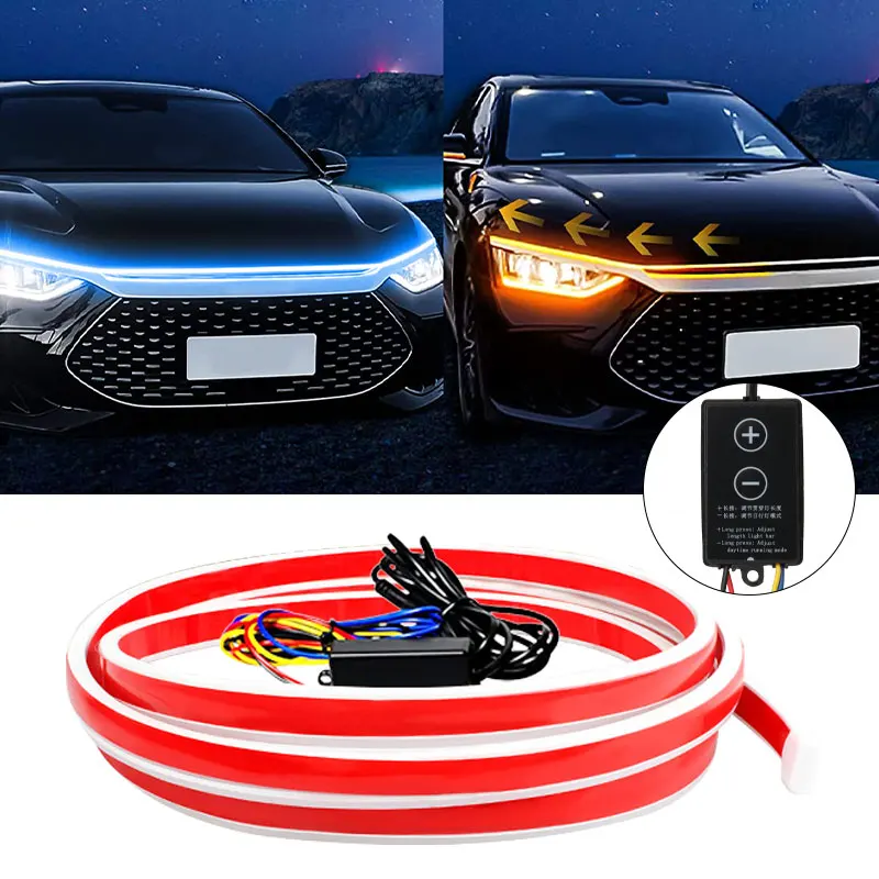 1pcs Car Hood Daytime Running Lights Auto Flowing Turn Signal Guide Strip Lamp Scan Starting Flexible Strip Ambient Lights 12v