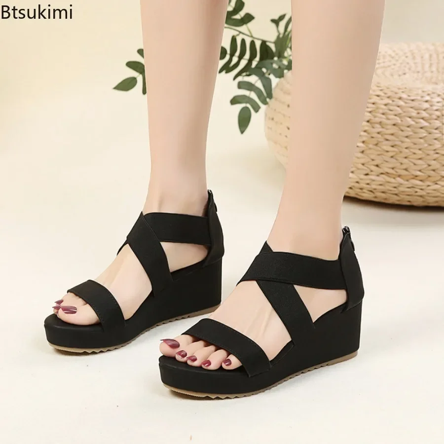 

New Wedge Sandals for Women 2025 Summer Fashion Cross-strap One Word Roman Shoes Ladies Chunky Soled Back Zip Peep Toe Sandalias