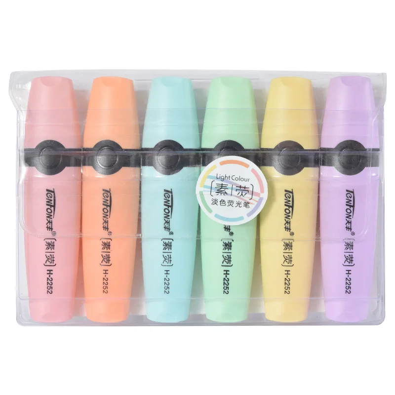 6 Pcs/set Pastel  Flat Single Head Light Color Oblique Drawing Highlighters Fluorescent Pen Markers for School Gift Stationery