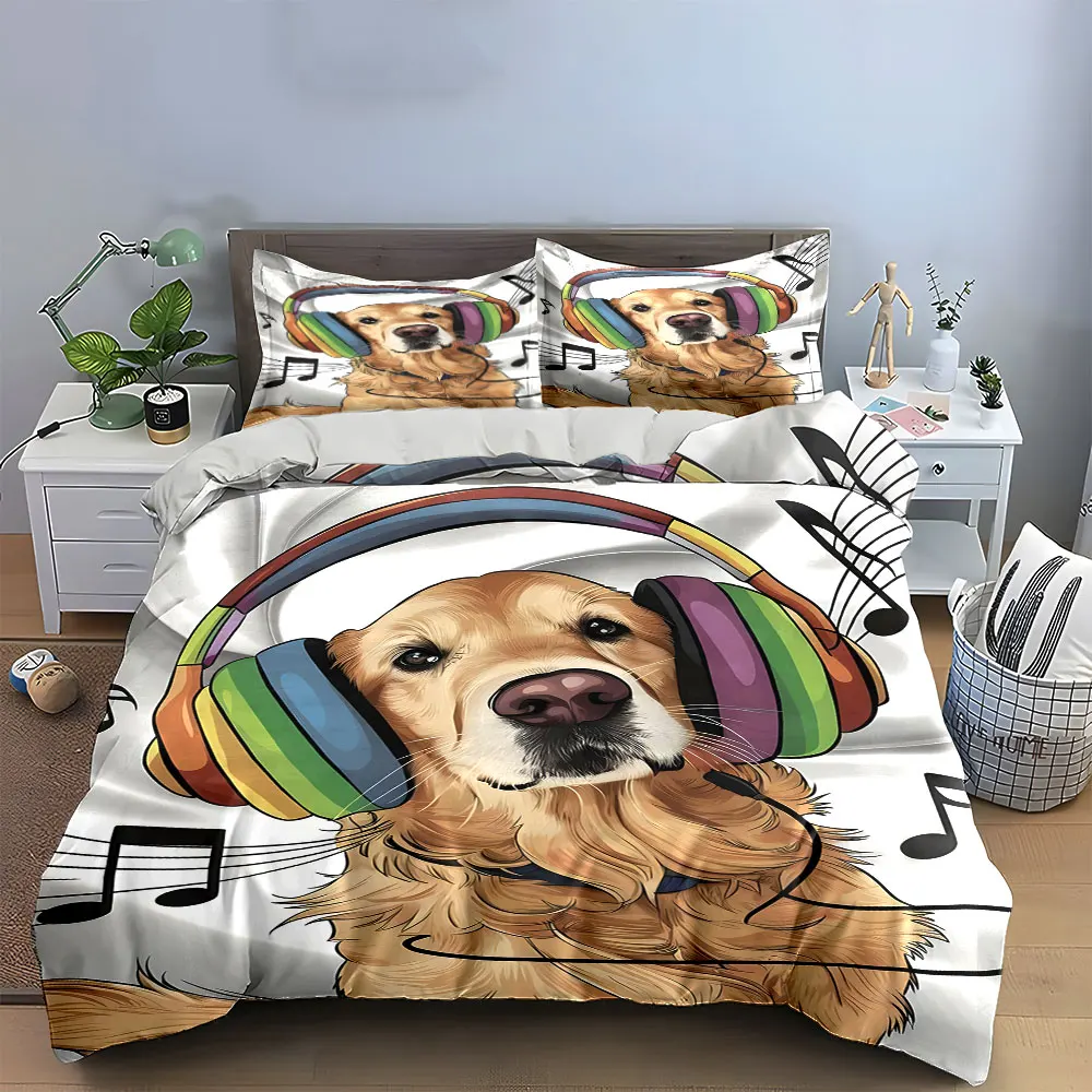 3Pcs Golden Retriever With Rainbow Headphone Duvet Cover Set, Music Note Pet Bedding Includes 1 Duvet Cover And 2 Pillowcase