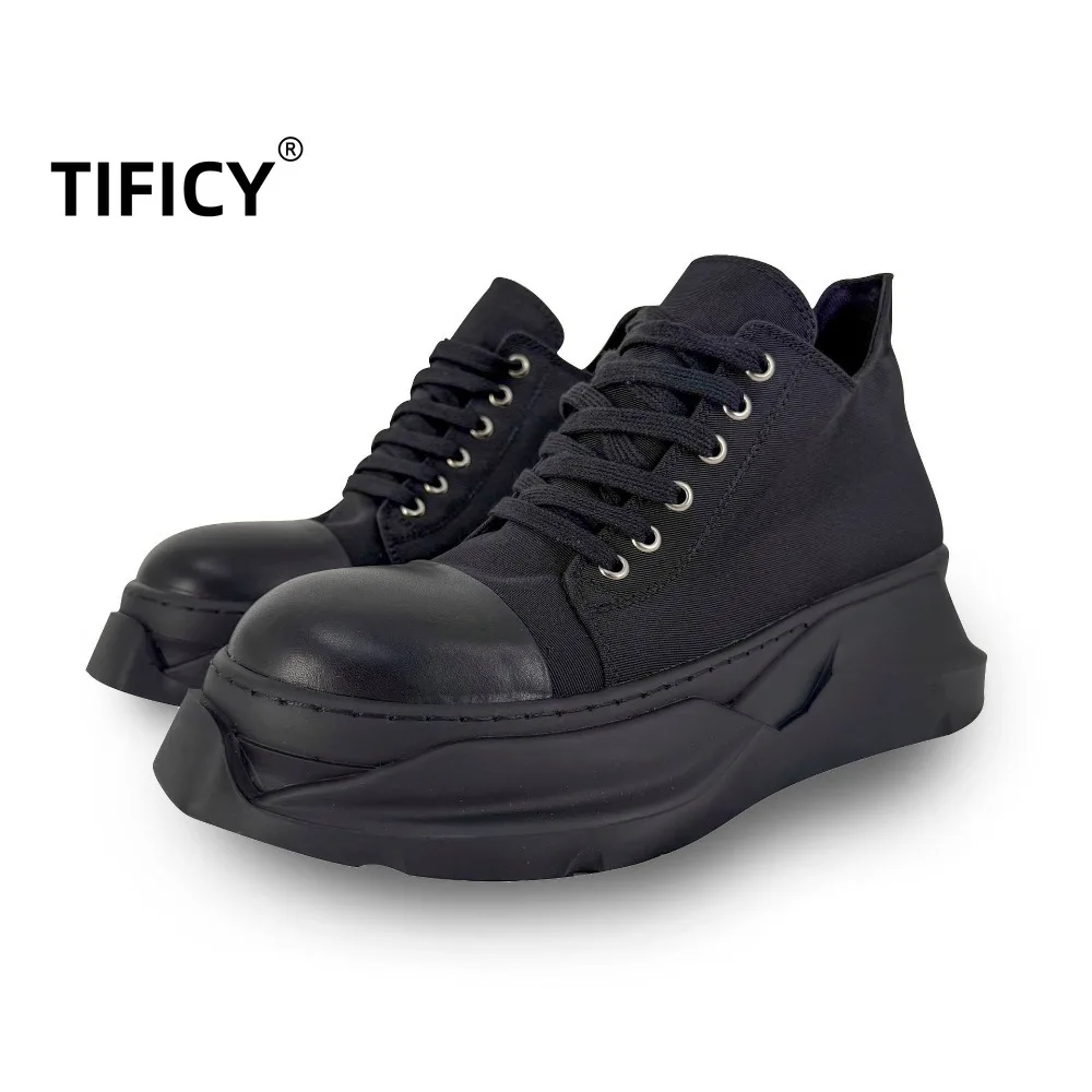 

High Street Dark RO Sponge Cake Black Double-layer Bottom Low Cut Canvas Shoes Men's Height Increasing Casual Versatile Shoes
