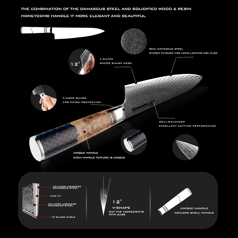 Imagem -05 - Grandsharp-facas de Cozinha Damasco 67 Camadas Aus10 Aço Japonês Melhor Cozinhar Ferramentas de Corte Honeycomb Punho Ergonômico