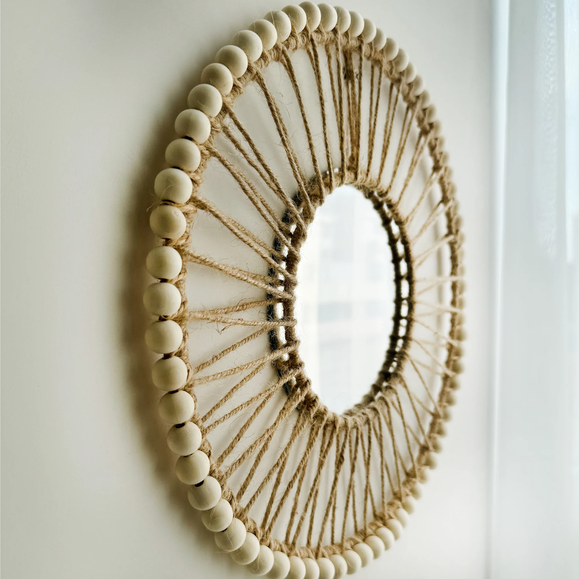 1pc Wooden Bead Acrylic Mirror Wall Hanging Decor Rustic Boho Jute Rope Mirrors Farmhouse Aesthetic Nursery Mirrors For Room