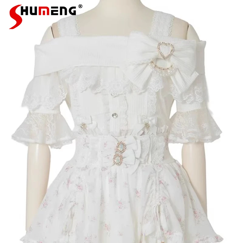 

Japanese Style Soft Girl Y2k Kawaii Blouse Detachable Big Bow Threaded Slimming Strap Off-Shoulder Top Shirt 3 Colors Available