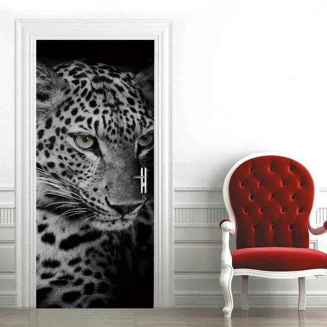 Animal Door Stickers Black and White Tiger Lion Home Decoration Waterproof Door Paper Decoration Bedroom Living Room Door