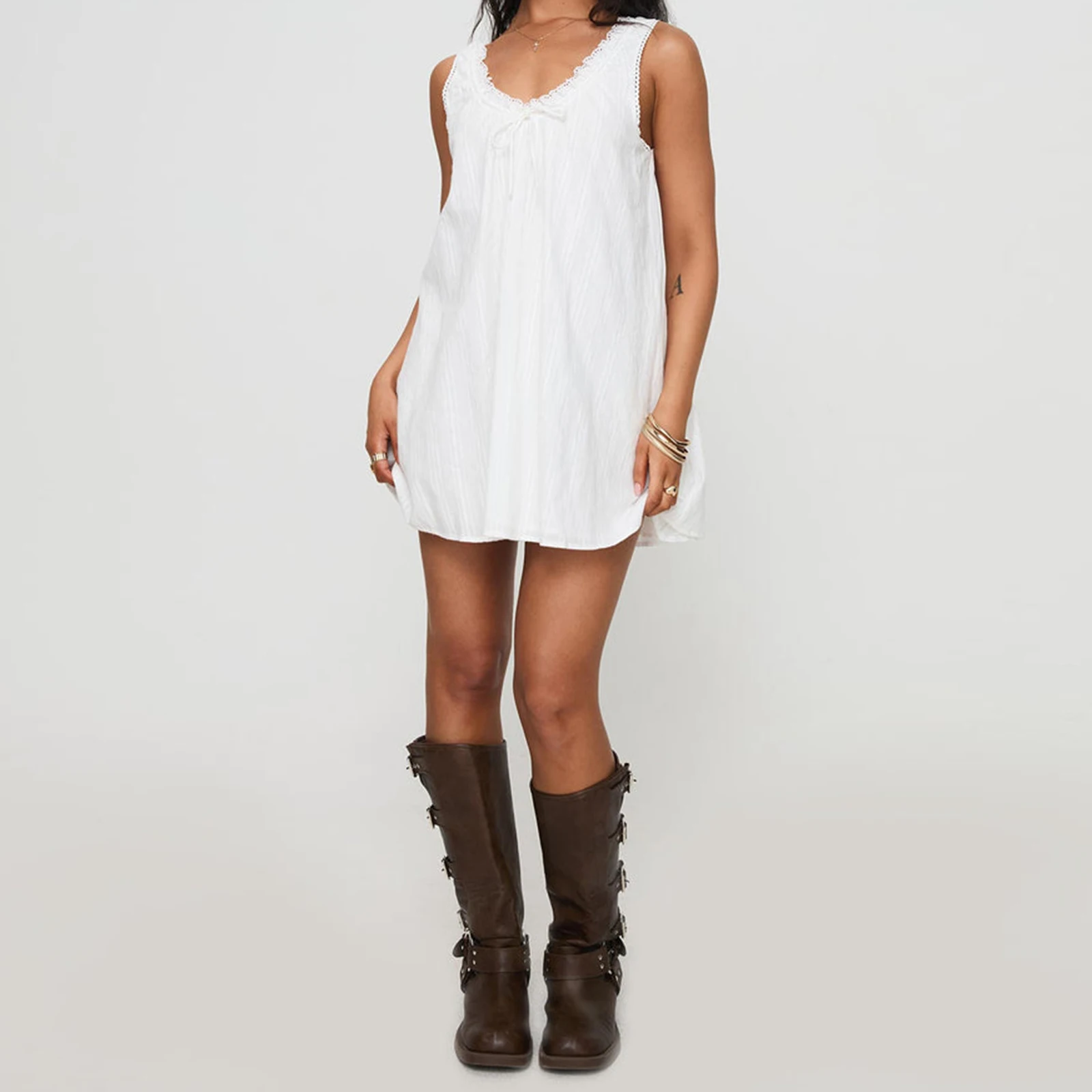 Women V Neck Loose Mini Dress Boho Flowy Tiered Babydoll Sundress Y2K Sleeveless Going Out Dresses